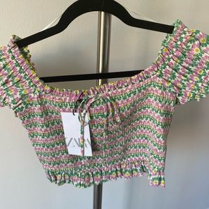 Zara cropped floral smocked top